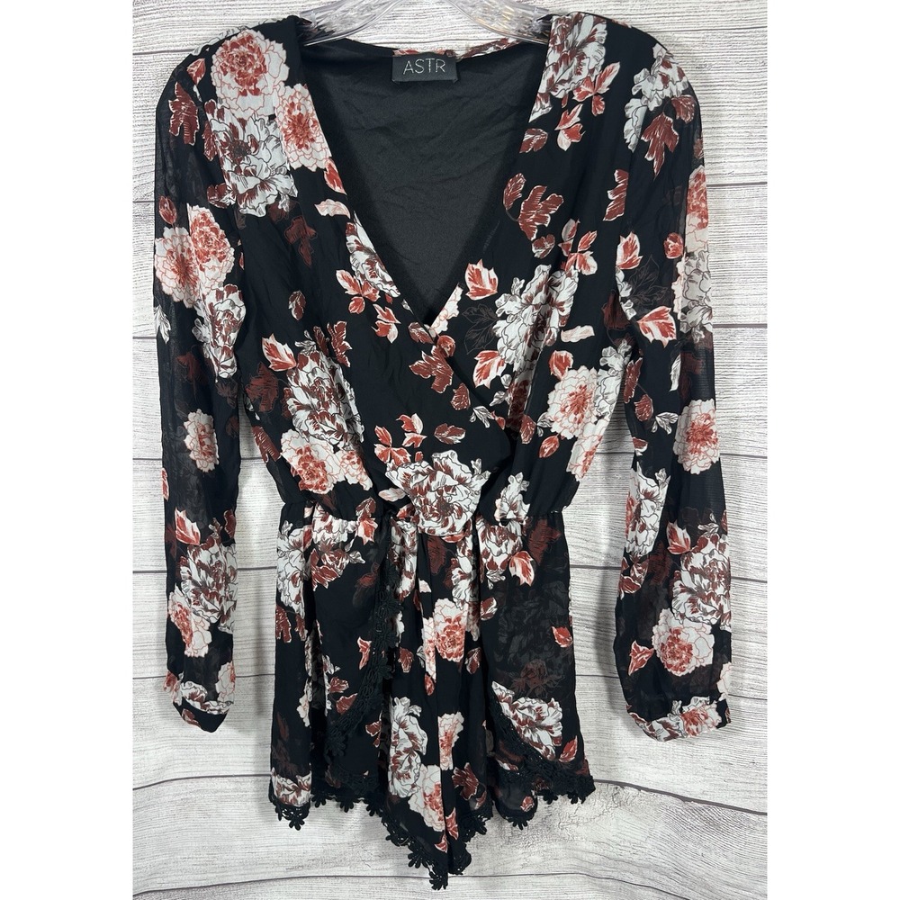 ASTR Women's Size Small Romper Lace Sheer Black Floral Red White Burgundy